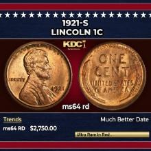 1921-s Lincoln Cent 1c ms64 rd SEGS