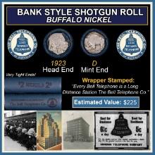 Buffalo Nickel Shotgun Roll in Old Bank Style 'Bell Telephone' Wrapper 1923 & D Mint Ends