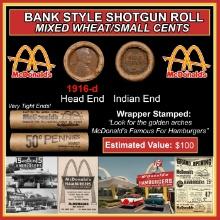 Lincoln Wheat Cent 1c Mixed Roll Orig Brandt McDonalds Wrapper, 1916-d end, Indian other end