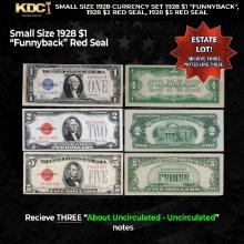 Small Size 1928 Currency Set 1928 $1 "Funnyback", 1928 $2 Red Seal, 1928 $5 Red Seal Grades AU/CU