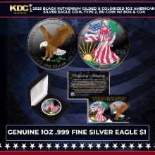 2025 Black Ruthenium Gilded & Colorized 1oz American Silver Eagle Coin, Type 2, BU Coin w/ Box & COA