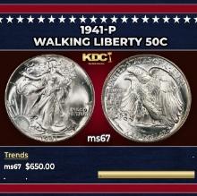 1941-p Walking Liberty Half Dollar 50c ms67 SEGS