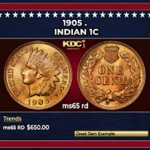 1905 Indian Cent . 1c Grades ms65 rd