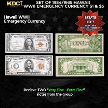Set of 1934/1935 Hawaii WWII Emergency Currency $1 & KEY $5 Grades VF/XF