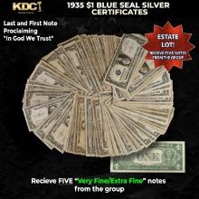 5x 1935 $1 Blue Seal Silver Certificates Grades VF/XF