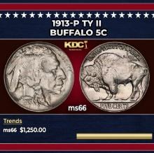 1913-p Ty II Buffalo Nickel 5c ms66 SEGS