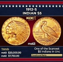 1912-s Gold Indian Half Eagle $5 ms63 USCG