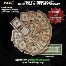 1x 1928 $1 Funnyback Blue Seal Silver Certificate Heavily Circulated