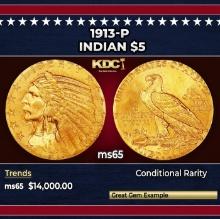 1913-p Gold Indian Half Eagle $5 ms65 USCG
