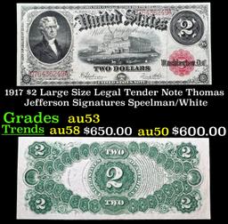 1917 $2 Large Size Legal Tender Note Thomas Jefferson Grades Select AU Signatures Speelman/White