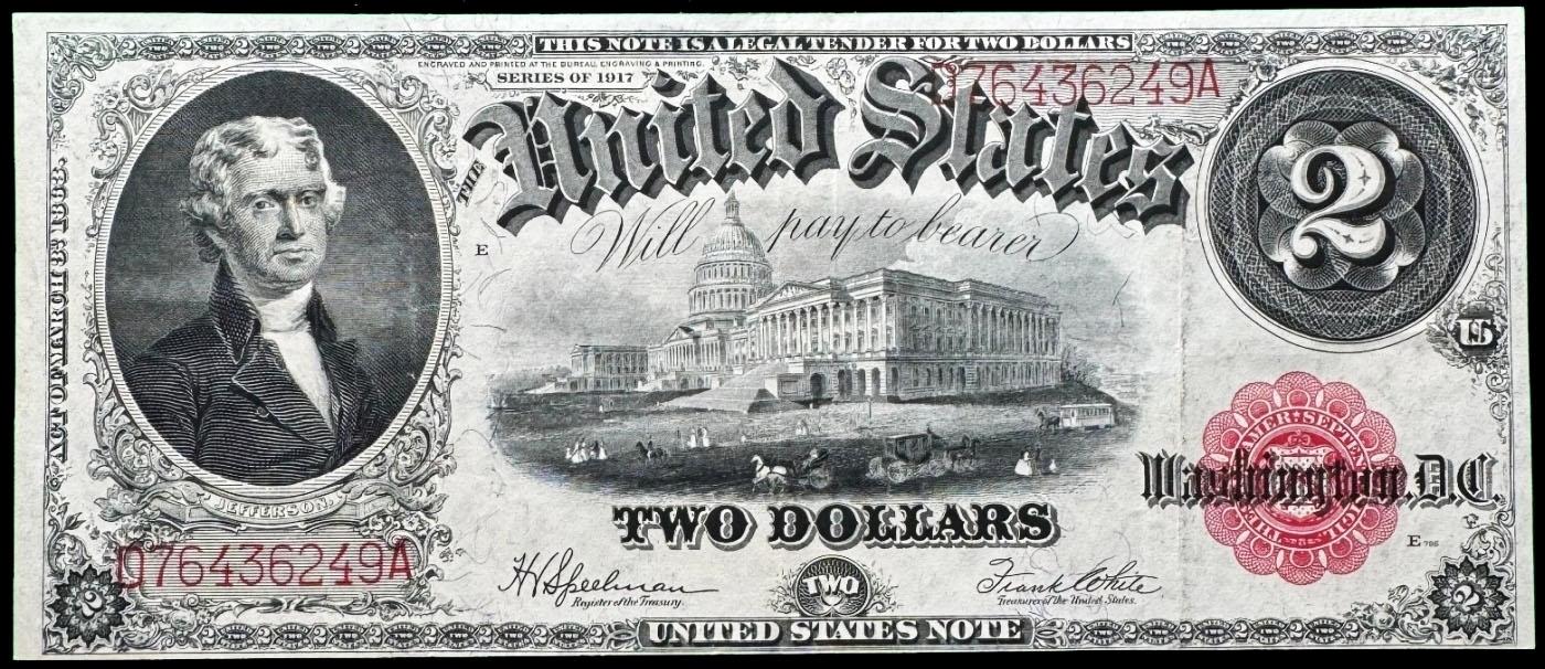 1917 $2 Large Size Legal Tender Note Thomas Jefferson Grades Select AU Signatures Speelman/White