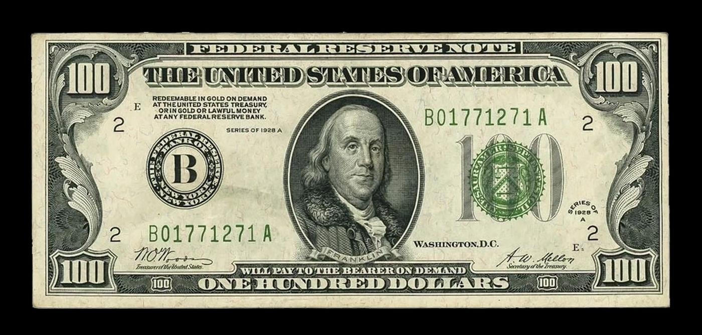 1928A $100 Green Seal Federal Reserve Note "Redeemable In Gold" Grades Select AU