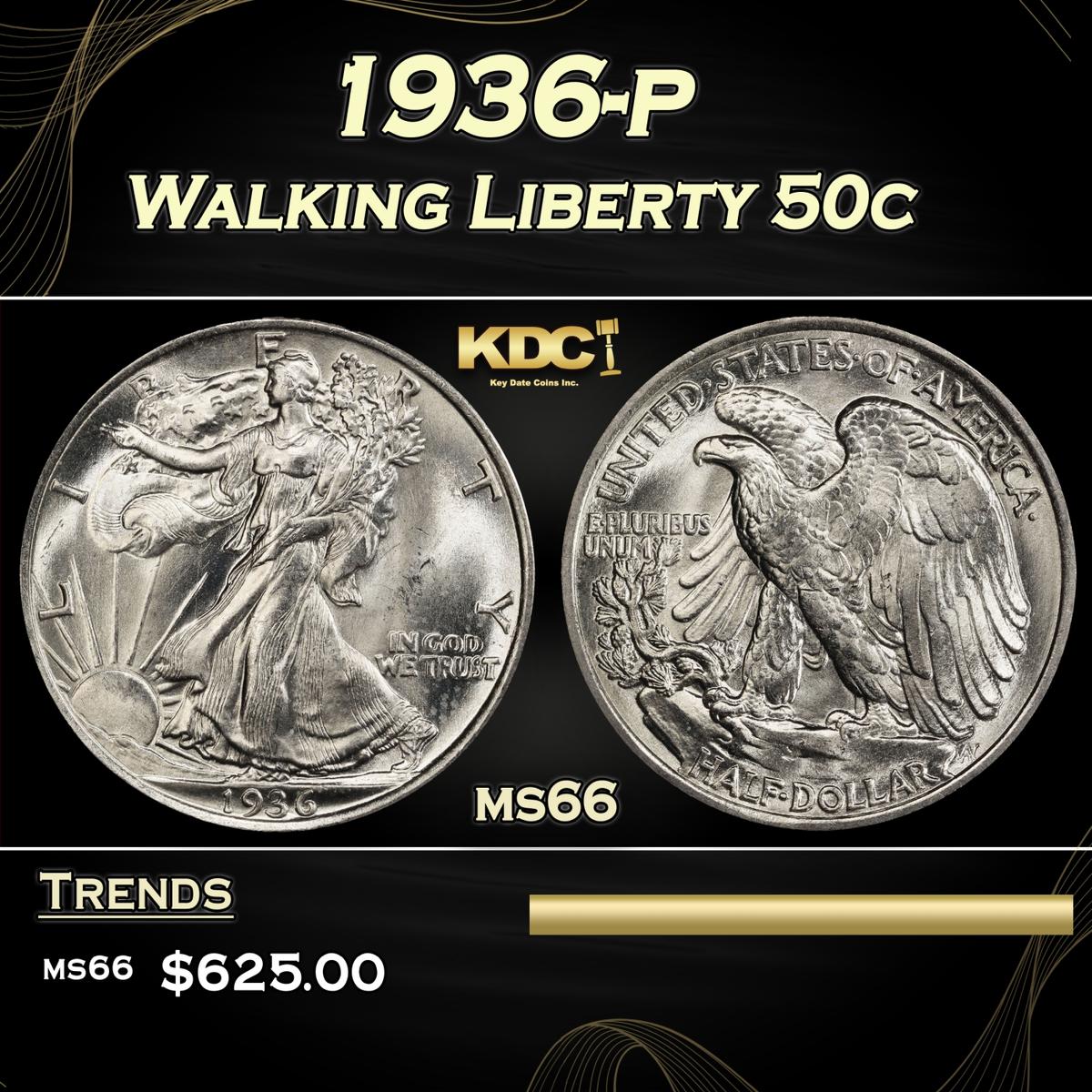 1936-p Walking Liberty Half Dollar 50c Grades ms66