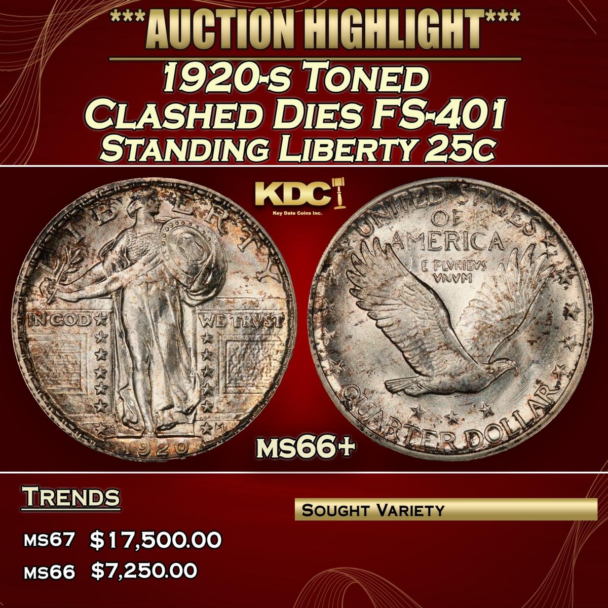 1920-s Standing Liberty Quarter Toned Clashed Dies FS-401 25c ms66+ SEGS