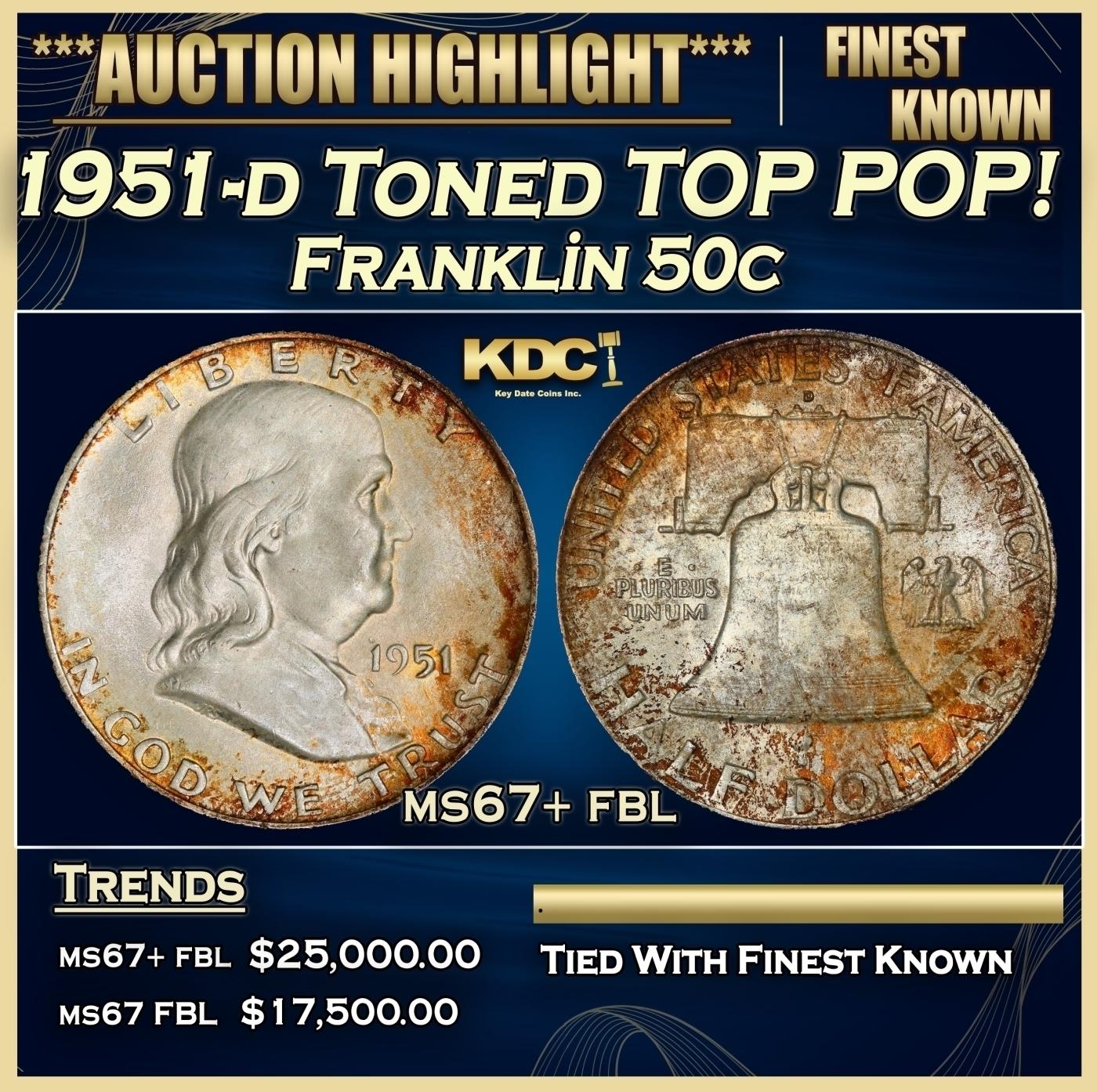 1951-d Franklin Half Dollar Toned TOP POP! 50c ms67+ fbl SEGS