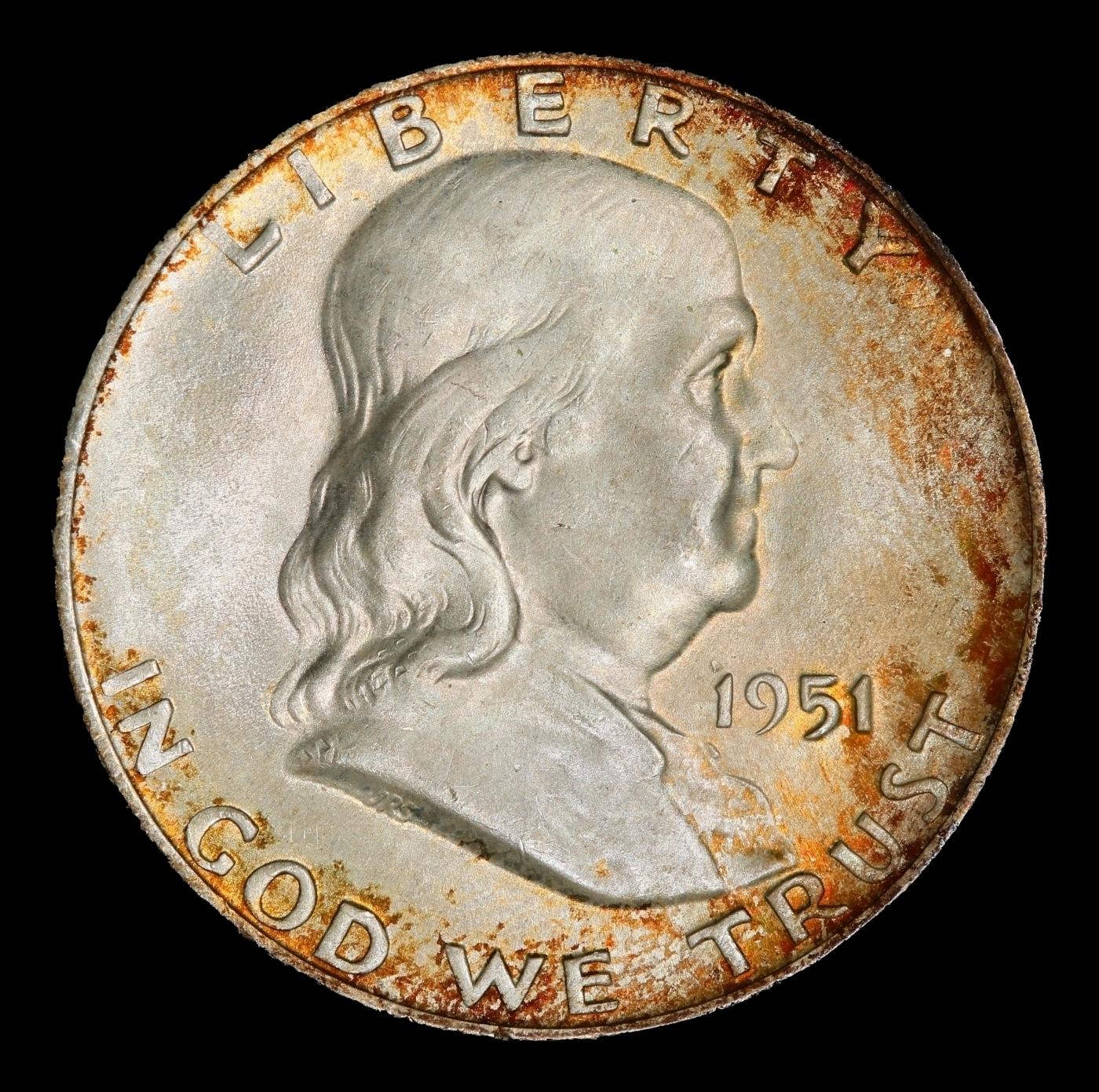 1951-d Franklin Half Dollar Toned TOP POP! 50c ms67+ fbl SEGS