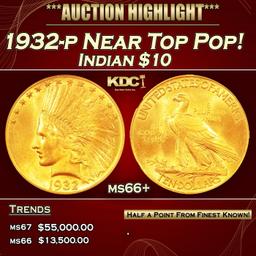 1932-p Gold Indian Eagle Near Top Pop! $10 ms66+ SEGS