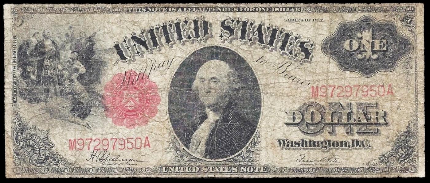 1917 $1 Large Size Legal Tender Note Grades vf, very fine Signatures Speelman/White