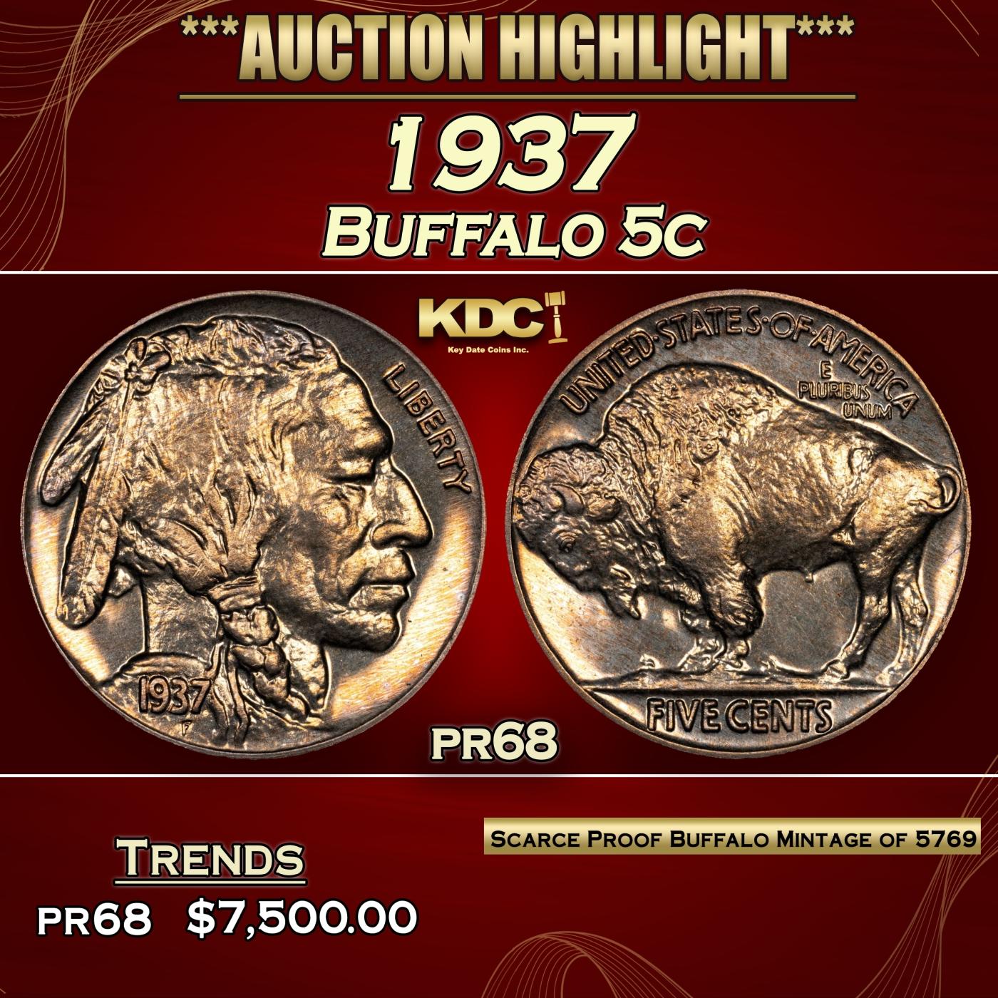 1937 Proof Buffalo Nickel 5c pr68 SEGS