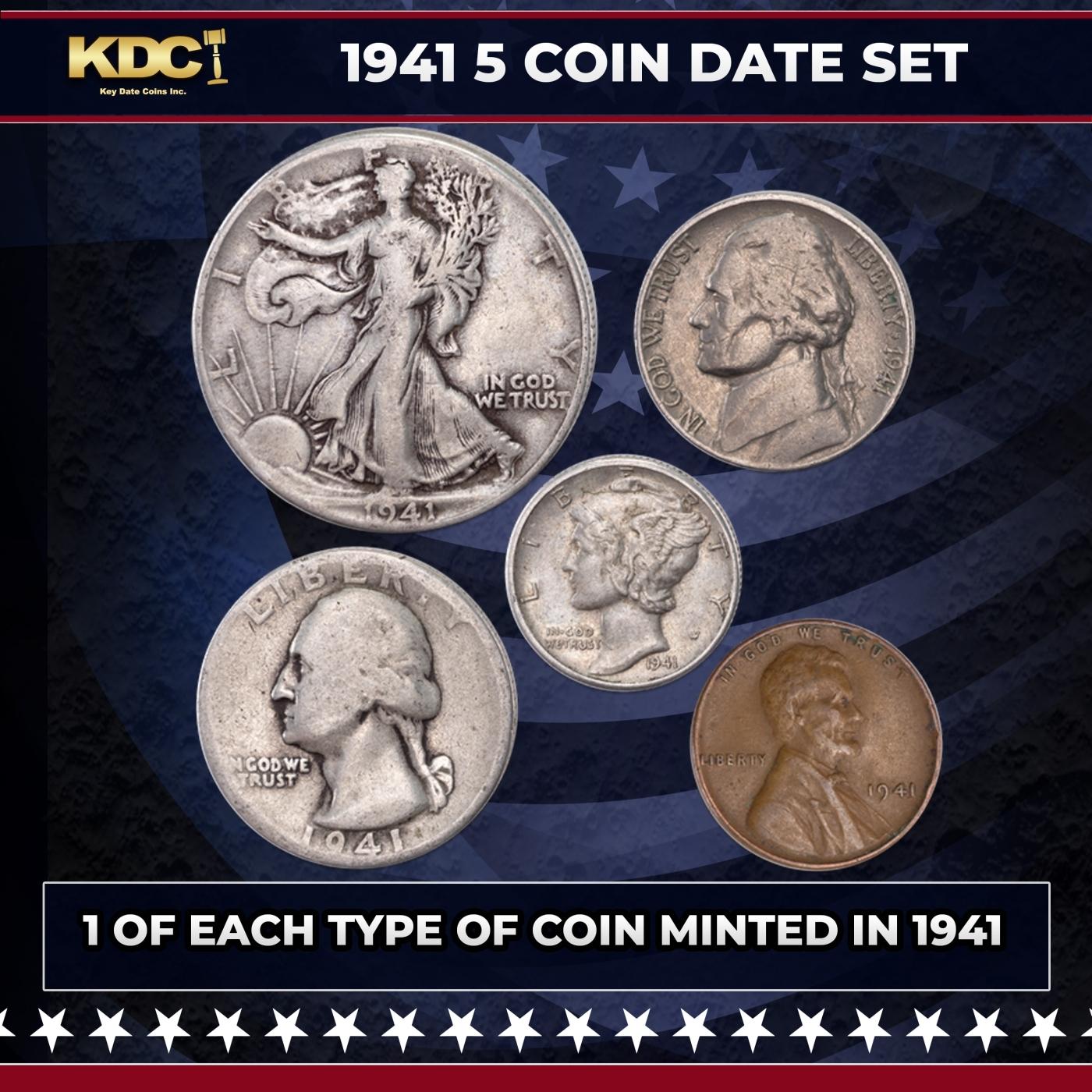 1941 5 Coin Date Set, 1 Of Each Type Of Coin Minted in 1941
