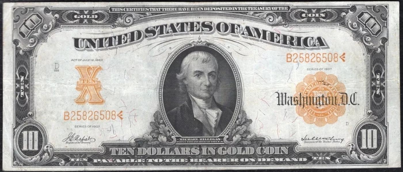 1907 $10 Large Size Gold Certificate Grades xf Signatures Napier/McClung