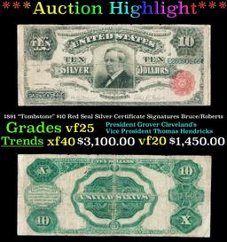 1891 $10 Red Seal Silver Certificate "Tombstone" Grades vf+ Signatures Bruce/Roberts