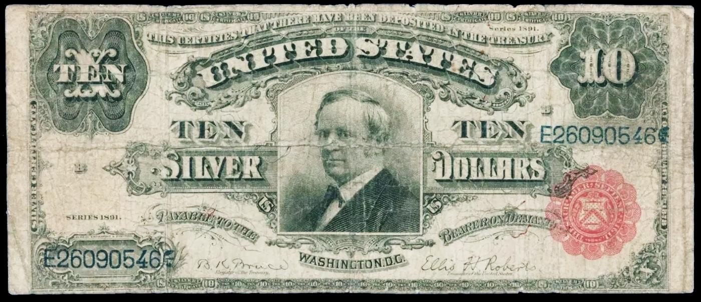 1891 $10 Red Seal Silver Certificate "Tombstone" Grades vf+ Signatures Bruce/Roberts
