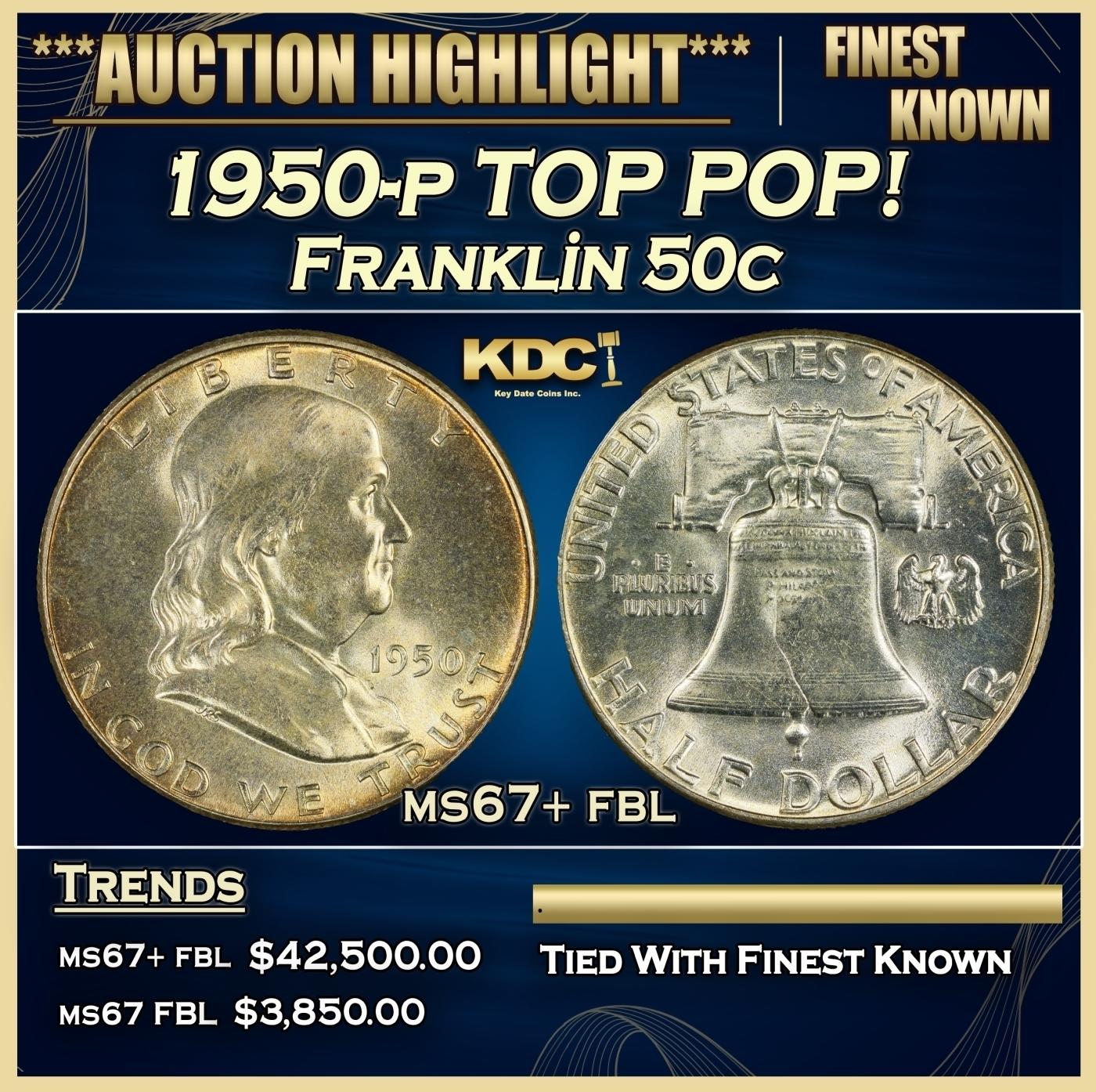 1950-p Franklin Half Dollar TOP POP! 50c ms67+ fbl SEGS