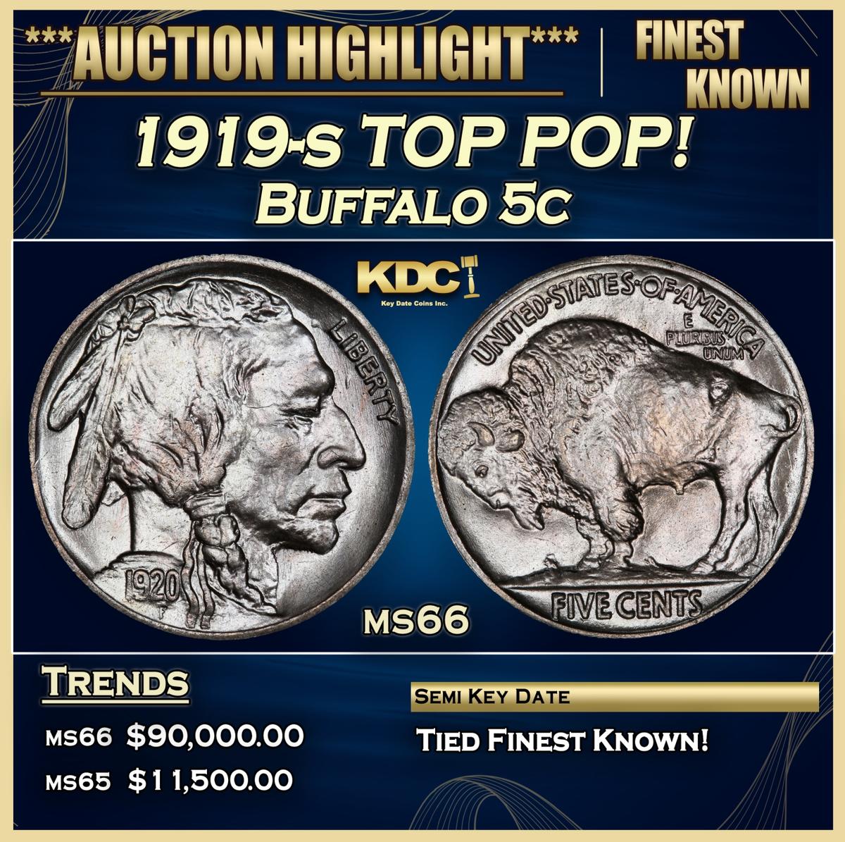 1919-s Buffalo Nickel TOP POP! 5c ms66 SEGS
