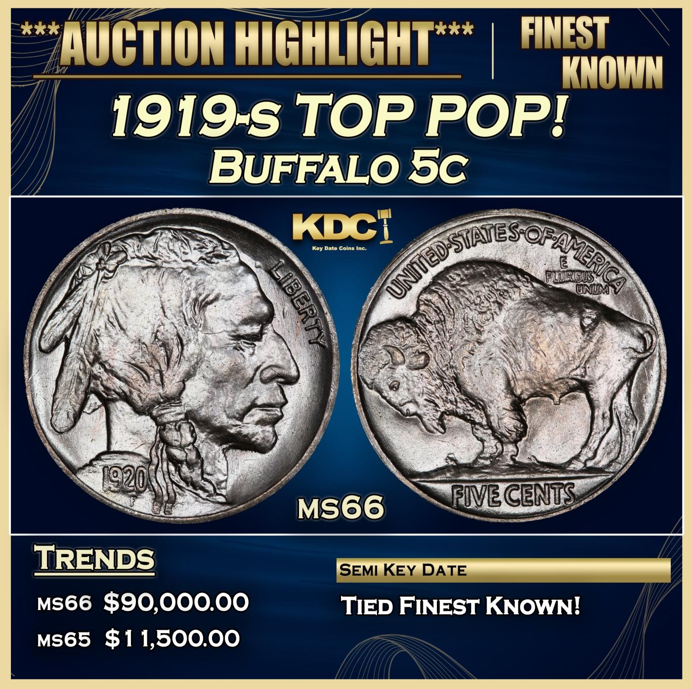 1919-s Buffalo Nickel TOP POP! 5c ms66 SEGS