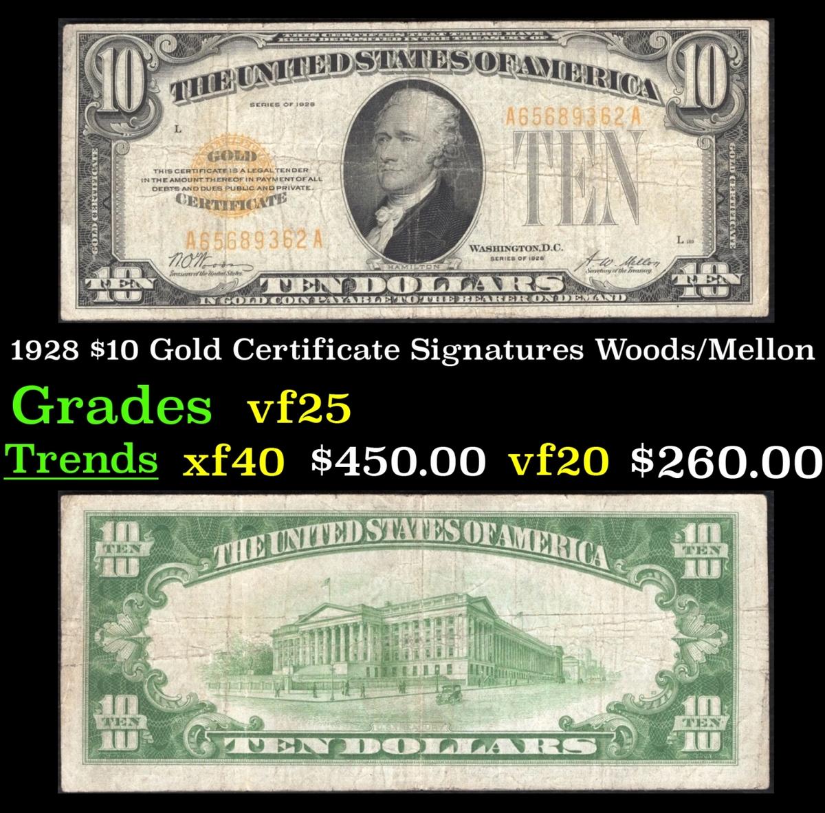 1928 $10 Gold Certificate Signatures Woods/Mellon Grades vf+