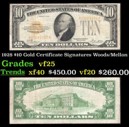 1928 $10 Gold Certificate Signatures Woods/Mellon Grades vf+