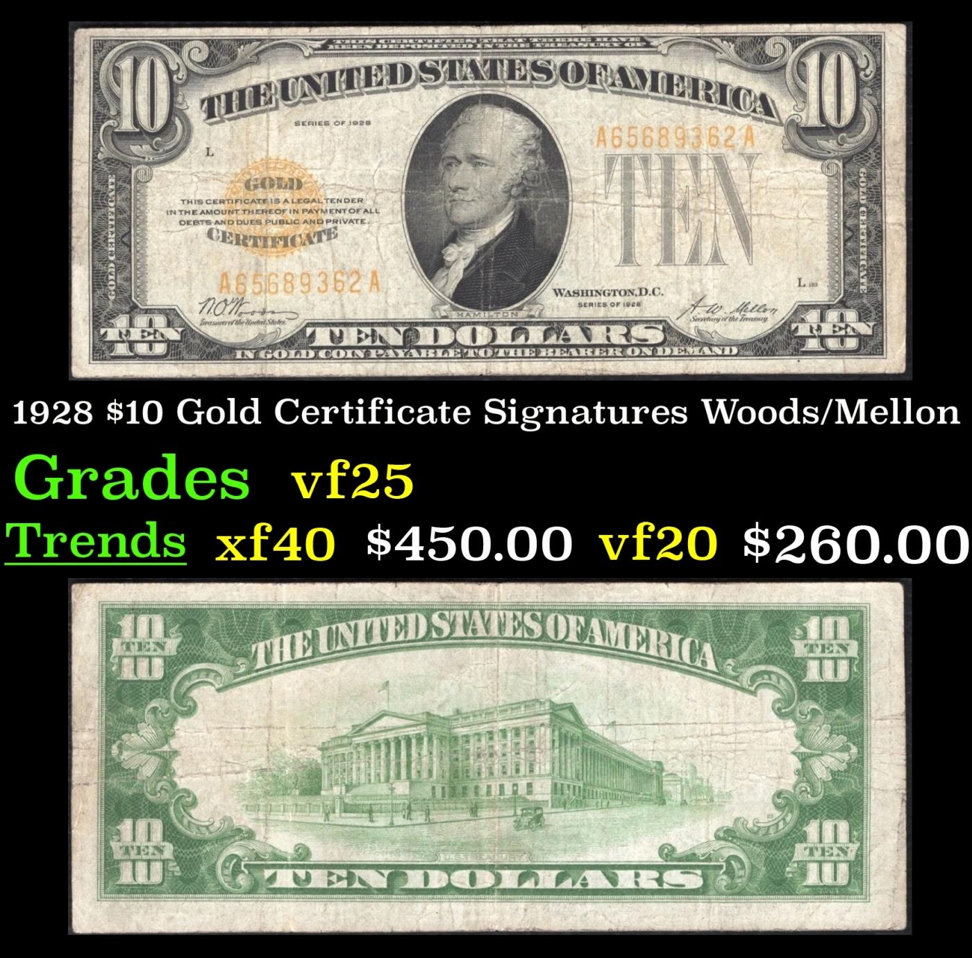 1928 $10 Gold Certificate Signatures Woods/Mellon Grades vf+