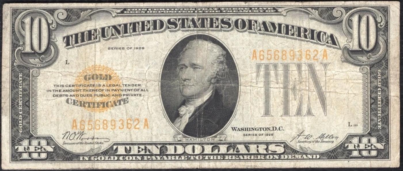 1928 $10 Gold Certificate Signatures Woods/Mellon Grades vf+
