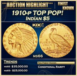 1910-p Gold Indian Half Eagle TOP POP! $5 ms66 USCG