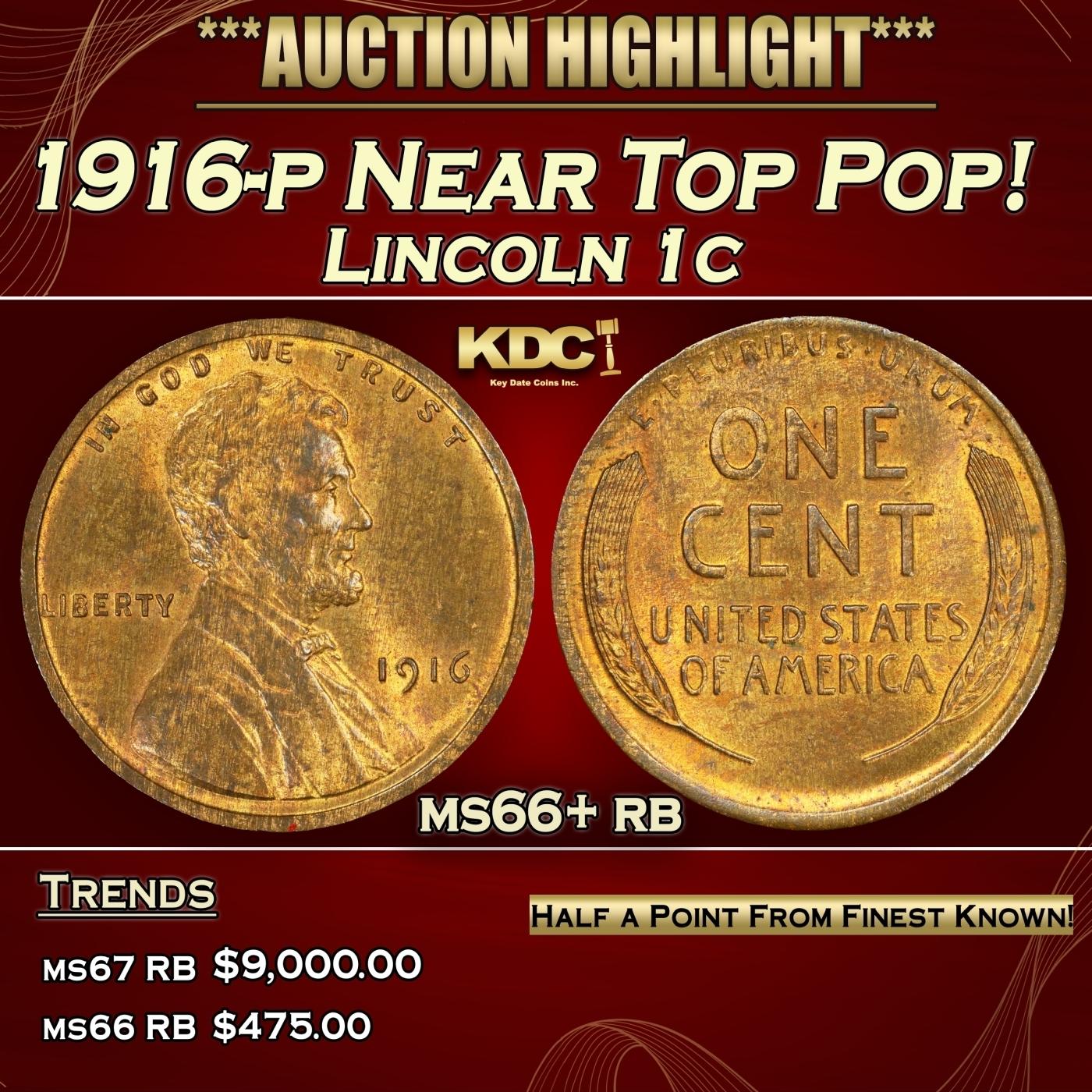 1916-p Lincoln Cent Near Top Pop! 1c ms66+ rb SEGS