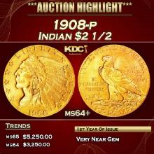 1908-p Gold Indian Quarter Eagle $2 1/2 ms64+ SEGS