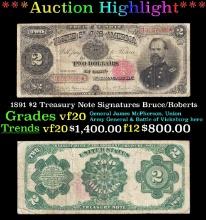 1891 $2 Treasury Note Grades vf, very fine Signatures Bruce/Roberts