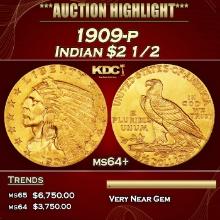 1909-p Gold Indian Quarter Eagle $2 1/2 ms64+ SEGS