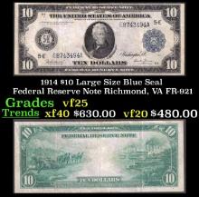 1914 $10 Large Size Blue Seal Federal Reserve Note Richmond, VA Grades vf+ FR-921