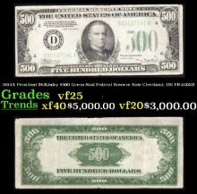 1934A $500 Green Seal Federal Reserve Note President McKinley Cleveland, OH Grades vf+ FR-2202D