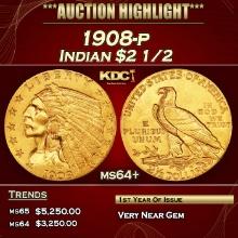 1908-p Gold Indian Quarter Eagle $2 1/2 ms64+ SEGS