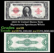 1923 $1 United States Note Grades Choice AU/BU Slider Signatures Speelman/White