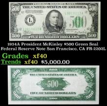 1934A $500 Green Seal Federal Reserve Note President McKinley San Francisco, CA Grades xf FR-2202L