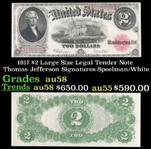 1917 $2 Large Size Legal Tender Note Thomas Jefferson Grades Choice AU/BU Slider Signatures Speelman