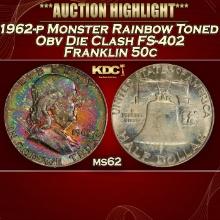 PCGS 1962-p Franklin Half Dollar Monster Rainbow Toned Obv Die Clash FS-402 50c ms62 PCGS