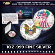 Type 1 Colorized 1oz American Silver Eagle Coin, 2-Sided Color, BU Coin w/ Box & COA Grades Other To