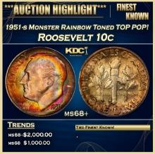 1951-s Roosevelt Dime Monster Rainbow Toned TOP POP! 10c ms68+ SEGS