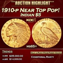 1910-p Gold Indian Half Eagle Near Top Pop! $5 ms65+ USCG