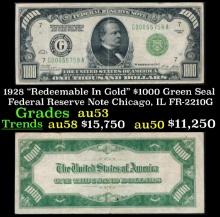 1928 $1000 Green Seal Federal Reserve Note "Redeemable In Gold" Chicago, IL Grades Select AU FR-2210